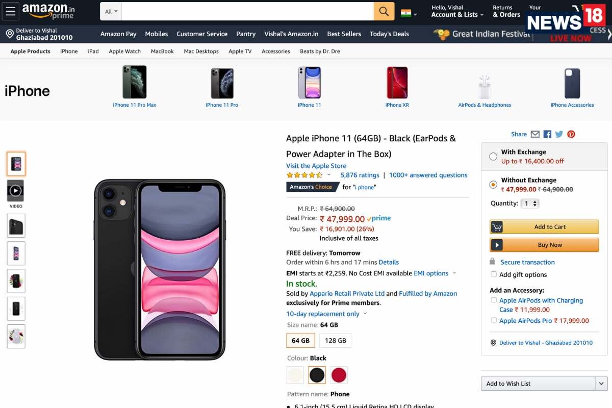 Amazon Great Indian Festival Sale Apple Iphone 11 At Rs 47 999 Before Discounts Exchange Cashback