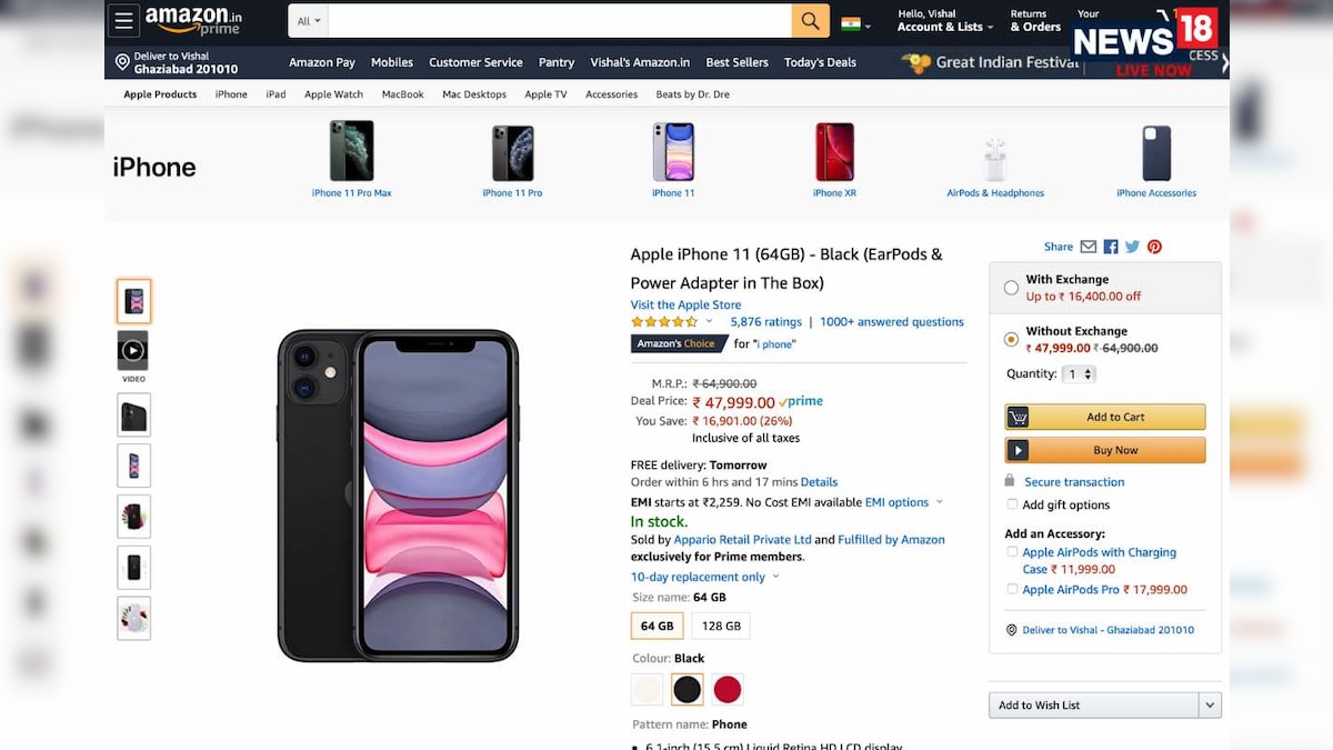 Amazon Great Indian Festival Sale Apple Iphone 11 At Rs 47 999 Before Discounts Exchange Cashback