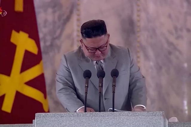 Kim Jong Un reacts during a speech. (Reuters)
