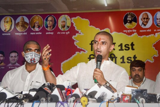 Patna: Lok Jan Shakti (LJP) chief Chirag Paswan addresses a press conference, at party office in Patna, Wednesday, Oct. 21, 2020. (PTI Photo)