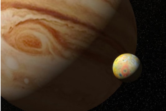 Illustration of moon Io, with Jupiter in background (stock image).
Credit: © Luca Oleastri / stock.adobe.com Illustration of moon Io, with Jupiter in background (stock image).
Credit: © Luca Oleastri / stock.adobe.com