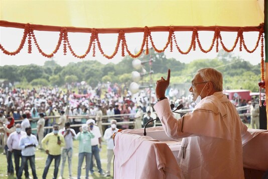 Muzaffarpur: Bihar Chief Minister Nitish Kumar addresses a gathering during an election meeting, in Muzaffarpur district, Thursday, Oct. 22, 2020. (PTI Photo)(