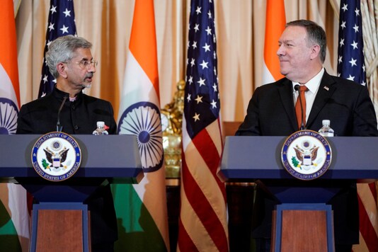 External Affairs Minister S Jaishankar and US Secretary of State Mike Pompeo speak to the media after the US-India 2+2 Ministerial Dialogue at the State Department in Washington, on December 18, 2019. (REUTERS/Joshua Roberts)