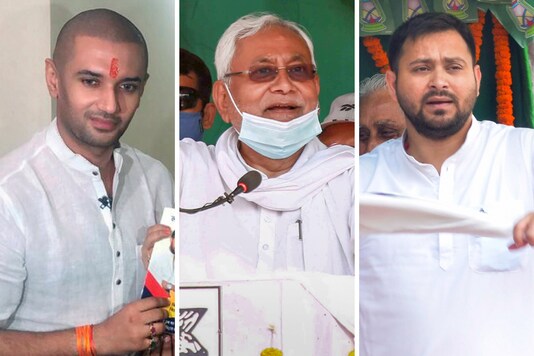 File photos of LJP president Nitish Kumar, JD-U supremo Nitish Kumar and RJD leader Tejashwi Yadav. (PTI Photos)