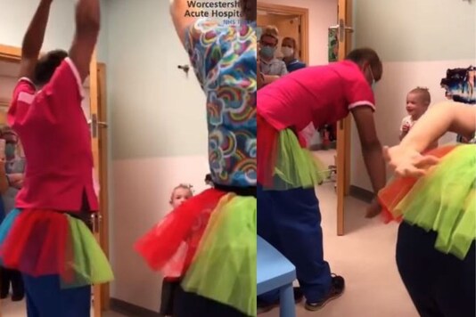 Video grab of hospital staff  performing ballet for the cancer patient.
(Credit: Facebook/ @Worcestershire Acute Hospitals NHS Trust)
 
