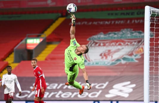 Arsenal's goalkeeper Bernd Leno makes a save during the English League Cup fourth round soccer match between Liverpool and Arsenal at Anfield, Liverpool, England, Thursday, Oct. 1, 2020. (Laurence Griffiths/Pool via AP) Arsenal's goalkeeper Bernd Leno makes a save during the English League Cup fourth round soccer match between Liverpool and Arsenal at Anfield, Liverpool, England, Thursday, Oct. 1, 2020. (Laurence Griffiths/Pool via AP)