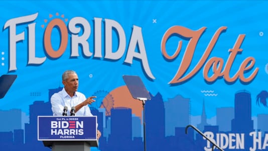 Former President Barack Obama speaks at a rally while campaigning for Democratic presidential candidate former Vice President Joe Biden Tuesday, Oct. 27, 2020, in Orlando, Fla. (AP Photo/John Raoux) Former President Barack Obama speaks at a rally while campaigning for Democratic presidential candidate former Vice President Joe Biden Tuesday, Oct. 27, 2020, in Orlando, Fla. (AP Photo/John Raoux)