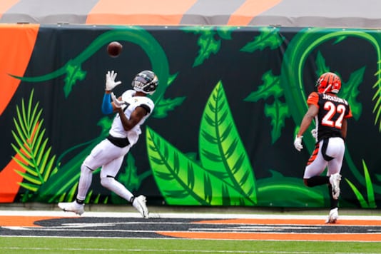 Jacksonville Jaguars wide receiver D.J. Chark (17) makes a catch for a touchdown in front of Cincinnati Bengals cornerback William Jackson (22) in the first half of an NFL football game in Cincinnati, Sunday, Oct. 4, 2020. (AP Photo/Aaron Doster) Jacksonville Jaguars wide receiver D.J. Chark (17) makes a catch for a touchdown in front of Cincinnati Bengals cornerback William Jackson (22) in the first half of an NFL football game in Cincinnati, Sunday, Oct. 4, 2020. (AP Photo/Aaron Doster)