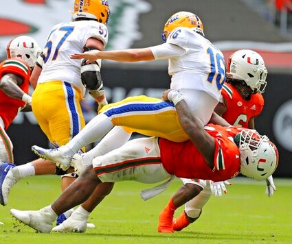 Miami defensive tackle Nesta Jade Silvera (1) tackles Pittsburgh quarterback Joey Yellen (16) in the second quarter of an NCAA college football game at Hard Rock Stadium in Miami Gardens, Fla., Saturday, Oct. 17, 2020. (Al Diaz/Miami Herald via AP) Miami defensive tackle Nesta Jade Silvera (1) tackles Pittsburgh quarterback Joey Yellen (16) in the second quarter of an NCAA college football game at Hard Rock Stadium in Miami Gardens, Fla., Saturday, Oct. 17, 2020. (Al Diaz/Miami Herald via AP)