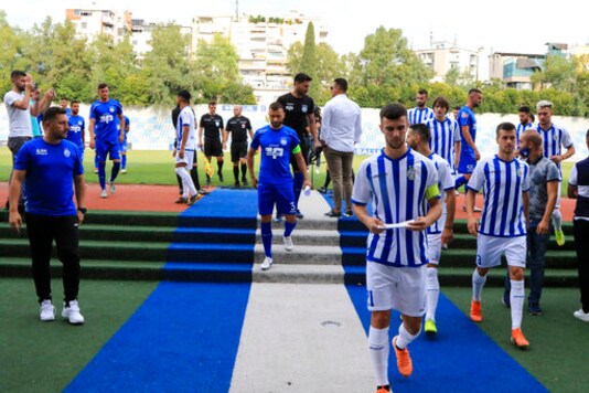Players of Tirana, and Teuta Durres clubs leave the pitch after having staged a protest at Selman Stermasi stadium, in Tirana, Saturday, Sept. 19, 2020. Albania's main soccer clubs continued the boycott of the new season for the second week calling on the government to fulfill their requests for more financial support. (AP Photo/Hektor Pustina)