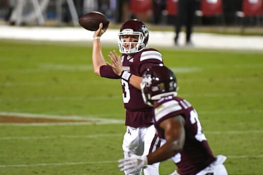 Mississippi State quarterback K.J. Costello (3) looks to throw the ball during the first half of the team's NCAA college football game against Arkansas in Starkville, Miss., Saturday, Oct. 3, 2020. (AP Photo/Thomas Graning) Mississippi State quarterback K.J. Costello (3) looks to throw the ball during the first half of the team's NCAA college football game against Arkansas in Starkville, Miss., Saturday, Oct. 3, 2020. (AP Photo/Thomas Graning)