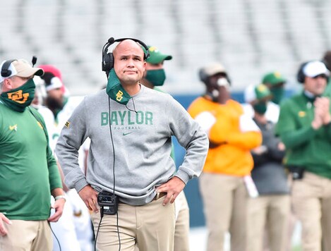 Baylor head coach Dave Aranda looks during an NCAA college football game against West Virginia , Saturday, Oct. 3, 2020, in Morgantown, W.Va. (William Wotring/The Dominion-Post via AP)