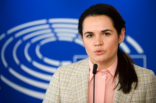 Belarusian opposition leader Sviatlana Tsikhanouskaya speaks during a media conference at the European Parliament in Brussels, Monday, Sept. 21, 2020. European Union foreign ministers on Monday were weighing whether to impose sanctions on dozens of Belarus officials, including President Alexander Lukashenko, after holding talks with the country's exiled opposition leader. (Johanna Geron, Pool via AP) Belarusian opposition leader Sviatlana Tsikhanouskaya speaks during a media conference at the European Parliament in Brussels, Monday, Sept. 21, 2020. European Union foreign ministers on Monday were weighing whether to impose sanctions on dozens of Belarus officials, including President Alexander Lukashenko, after holding talks with the country's exiled opposition leader. (Johanna Geron, Pool via AP)