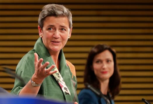 European Commission Vice-President Margrethe Vestager, left, and European Innovation Commissioner Mariya Gabriel participate in a media conference on the digital education action plan at EU headquarters in Brussels, Wednesday, Sept. 30, 2020. (Olivier Hoslet, Pool via AP) European Commission Vice-President Margrethe Vestager, left, and European Innovation Commissioner Mariya Gabriel participate in a media conference on the digital education action plan at EU headquarters in Brussels, Wednesday, Sept. 30, 2020. (Olivier Hoslet, Pool via AP)