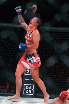 FILE - In this Saturday, Sept. 29, 2018, file photo, Arlene Blencowe celebrates after beating Amber Leibrock during a featherweight mixed martial arts fight at Bellator 206 in San Jose, Calif. Cris