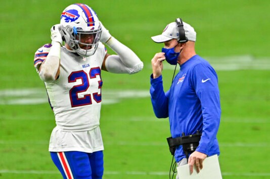 Buffalo Bills head coach Sean McDermott speaks with strong safety Micah Hyde (23) during the first half of an NFL football game, Sunday, Oct. 4, 2020, in Las Vegas. (AP Photo/David Becker) Buffalo Bills head coach Sean McDermott speaks with strong safety Micah Hyde (23) during the first half of an NFL football game, Sunday, Oct. 4, 2020, in Las Vegas. (AP Photo/David Becker)
