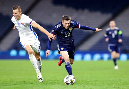 Scotland's Callum McGregor, right, and Slovakia's Jan Gregus battle for the ball during the UEFA Nations League soccer match between Scotland and Slovakia, at Hampden Park, in Glasgow, Scotland, Sunday, Oct. 11, 2020. (Steve Welsh/PA via AP) Scotland's Callum McGregor, right, and Slovakia's Jan Gregus battle for the ball during the UEFA Nations League soccer match between Scotland and Slovakia, at Hampden Park, in Glasgow, Scotland, Sunday, Oct. 11, 2020. (Steve Welsh/PA via AP)