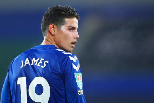 Everton's James Rodriguez reacts during the English League Cup round of 16 soccer match between Everton and West Ham at the Goodison Park stadium in Liverpool, England, Wednesday, Sept. 30, 2020. (Alex Livesey, Pool via AP)
