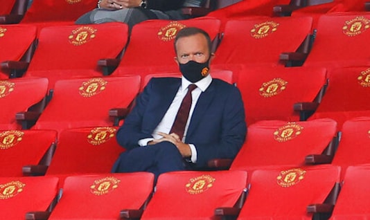 Manchester United Chief Executive Ed Woodward watches on during the English Premier League soccer match between Manchester United and Crystal Palace at the Old Trafford stadium in Manchester, England, Saturday, Sept. 19, 2020. (Richard Heathcote/Pool via AP) Manchester United Chief Executive Ed Woodward watches on during the English Premier League soccer match between Manchester United and Crystal Palace at the Old Trafford stadium in Manchester, England, Saturday, Sept. 19, 2020. (Richard Heathcote/Pool via AP)