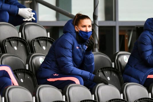 Tottenham Hotspur's Alex Morgan sit in the stands during the FA Women's Super League soccer match between Tottenham Hotspur and Manchester United, at the Hive, in London, Saturday, Oct. 10, 2020. (Kirsty O'Connor/PA via AP) Tottenham Hotspur's Alex Morgan sit in the stands during the FA Women's Super League soccer match between Tottenham Hotspur and Manchester United, at the Hive, in London, Saturday, Oct. 10, 2020. (Kirsty O'Connor/PA via AP)