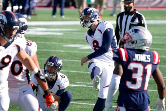 Denver Broncos place kicker Brandon McManus (8) follows through on one of his six field goals against the New England Patriots in the second half of an NFL football game, Sunday, Oct. 18, 2020, in Foxborough, Mass. (AP Photo/Steven Senne) Denver Broncos place kicker Brandon McManus (8) follows through on one of his six field goals against the New England Patriots in the second half of an NFL football game, Sunday, Oct. 18, 2020, in Foxborough, Mass. (AP Photo/Steven Senne)