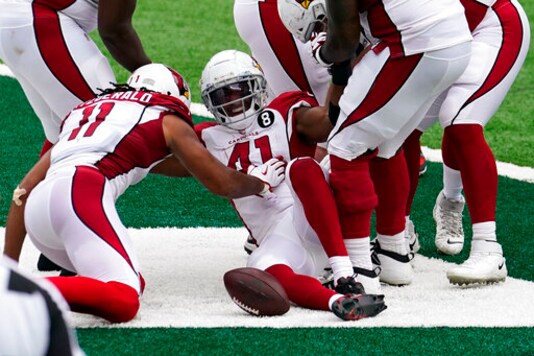 Arizona Cardinals running back Kenyan Drake (41) celebrates after scoring a touchdown during the second half of an NFL football game against the New York Jets, Sunday, Oct. 11, 2020, in East Rutherford. (AP Photo/Frank Franklin II)