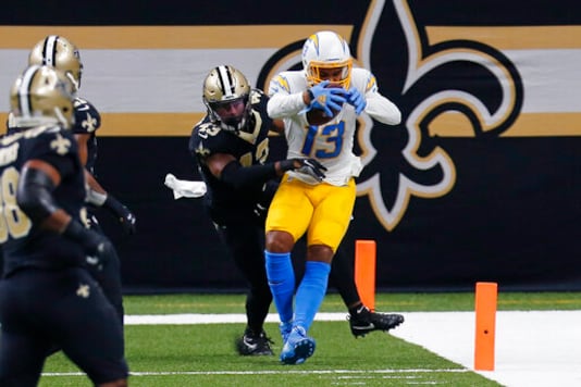 Los Angeles Chargers wide receiver Keenan Allen (13) pulls in a touchdown reception against New Orleans Saints free safety Marcus Williams (43) in the first half of an NFL football game in New Orleans, Monday, Oct. 12, 2020. (AP Photo/Brett Duke) Los Angeles Chargers wide receiver Keenan Allen (13) pulls in a touchdown reception against New Orleans Saints free safety Marcus Williams (43) in the first half of an NFL football game in New Orleans, Monday, Oct. 12, 2020. (AP Photo/Brett Duke)