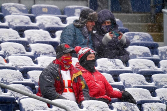 Kansas City Chiefs fans look on before an NFL football game against the Denver Broncos, Sunday, Oct. 25, 2020, in Denver. (AP Photo/Jack Dempsey) Kansas City Chiefs fans look on before an NFL football game against the Denver Broncos, Sunday, Oct. 25, 2020, in Denver. (AP Photo/Jack Dempsey)