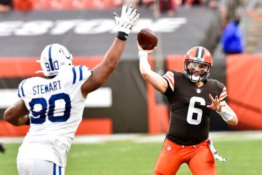 Cleveland Browns quarterback Baker Mayfield (6) throws during the first half of an NFL football game against the Indianapolis Colts, Sunday, Oct. 11, 2020, in Cleveland. (AP Photo/David Richard) Cleveland Browns quarterback Baker Mayfield (6) throws during the first half of an NFL football game against the Indianapolis Colts, Sunday, Oct. 11, 2020, in Cleveland. (AP Photo/David Richard)