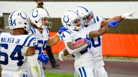 Indianapolis Colts cornerback Isaiah Rodgers (34) celebrates with teammates after Rodgers returned a kickoff for 101-yard touchdown during the second half of an NFL football game against the Cleveland Browns, Sunday, Oct. 11, 2020, in Cleveland. (AP Photo/David Richard) Indianapolis Colts cornerback Isaiah Rodgers (34) celebrates with teammates after Rodgers returned a kickoff for 101-yard touchdown during the second half of an NFL football game against the Cleveland Browns, Sunday, Oct. 11, 2020, in Cleveland. (AP Photo/David Richard)