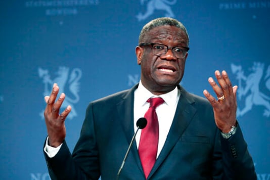 FILE - In this Dec. 11, 2018 file photo, Nobel Peace Prize laureate Dr. Denis Mukwege speaks to the media during a news conference in Oslo, Norway. Death threats against the Nobel Peace Prize-winning Congolese doctor have alarmed his supporters who are urging in Sept. 2020 the United Nations to reinstate protection by its peacekeepers, but it likely won't return. (Lise Aserud/NTB Scanpix via AP, File) FILE - In this Dec. 11, 2018 file photo, Nobel Peace Prize laureate Dr. Denis Mukwege speaks to the media during a news conference in Oslo, Norway. Death threats against the Nobel Peace Prize-winning Congolese doctor have alarmed his supporters who are urging in Sept. 2020 the United Nations to reinstate protection by its peacekeepers, but it likely won't return. (Lise Aserud/NTB Scanpix via AP, File)