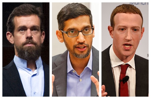 This combination of 2018-2020 photos shows, from left, Twitter CEO Jack Dorsey, Google CEO Sundar Pichai, and Facebook CEO Mark Zuckerberg. Less than a week before Election Day, the CEOs of Twitter, Facebook and Google are set to face a grilling by Republican senators who accuse the tech giants of anti-conservative bias. Democrats are trying to expand the discussion to include other issues such as the companies heavy impact on local news. (AP Photo/Jose Luis Magana, LM Otero, Jens Meyer)