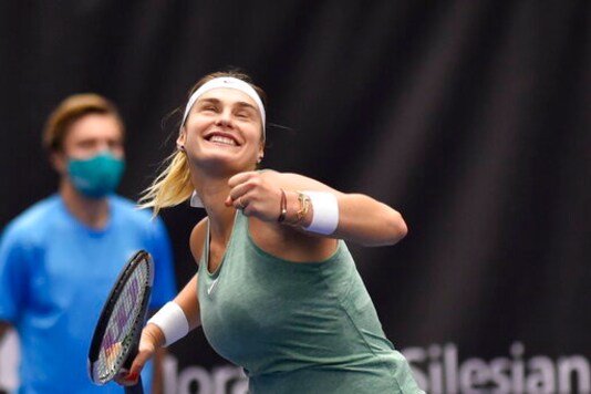 Victoria Azarenka from Belarus reacts after winning during the Ostrava Open 2020 tennis tournament final match against Aryna Sabalenka of Belarus in Ostrava, Czech Republic, Sunday, Oct. 25, 2020. (Jaroslav Ozana/CTK Pool via AP)