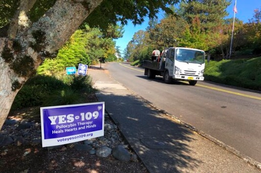 A truck drives past a sign supporting a ballot measure that would legalize controlled, therapeutic use of psilocybin mushrooms, Friday, Oct. 9, 2020 in Salem, Ore. War veterans with PTSD, terminally ill patients and others suffering from anxiety are backing the ballot measure. (AP Photo/Andrew Selsky) A truck drives past a sign supporting a ballot measure that would legalize controlled, therapeutic use of psilocybin mushrooms, Friday, Oct. 9, 2020 in Salem, Ore. War veterans with PTSD, terminally ill patients and others suffering from anxiety are backing the ballot measure. (AP Photo/Andrew Selsky)
