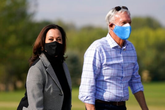 Democratic vice presidential candidate, Sen. Kamala Harris, D-Calif., visits the This Is the Place Monument with former Utah State Sen. Scott Howell, Saturday, Oct. 3, 2020, in Salt Lake City. The monument commemorates the end of the westward journey of Mormon pioneers to Utah as well as early explorers of the West. (AP Photo/Patrick Semansky) Democratic vice presidential candidate, Sen. Kamala Harris, D-Calif., visits the This Is the Place Monument with former Utah State Sen. Scott Howell, Saturday, Oct. 3, 2020, in Salt Lake City. The monument commemorates the end of the westward journey of Mormon pioneers to Utah as well as early explorers of the West. (AP Photo/Patrick Semansky)