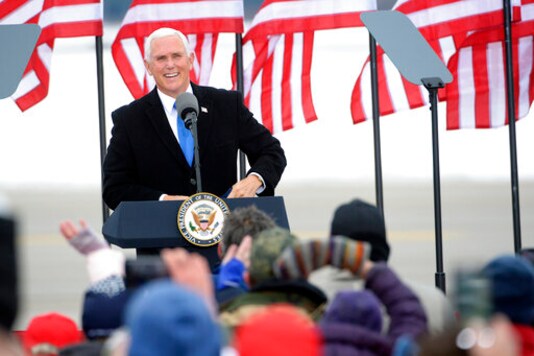 Vice President Mike Pence speaks during a campaign stop at the Hibbing, Minn., Airport, Monday, Oct. 26, 2020. (AP Photo/Jack Rendulich)