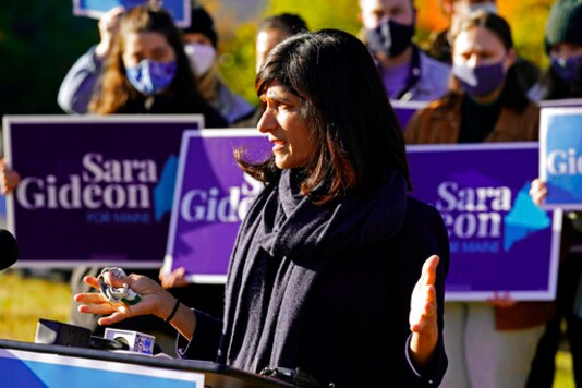 Sara Gideon, Democratic candidate for U.S. Senate, speaks in front of supporters after casting her absentee ballot, Wednesday, Oct. 14, 2020, in Freeport, Maine. Gideon, the speaker of the Maine House, is challenging incumbent Republican Sen. Susan Collins. (AP Photo/Robert F. Bukaty) Sara Gideon, Democratic candidate for U.S. Senate, speaks in front of supporters after casting her absentee ballot, Wednesday, Oct. 14, 2020, in Freeport, Maine. Gideon, the speaker of the Maine House, is challenging incumbent Republican Sen. Susan Collins. (AP Photo/Robert F. Bukaty)