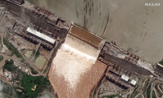 This satellite image shows the Grand Ethiopian Renaissance Dam on the Blue Nile river in the Benishangul-Gumuz region of Ethiopia on Tuesday, July 28, 2020. Ethiopia's prime minister on Wednesday, July 22, 2020 hailed the first filling of the massive dam that has led to tensions with Egypt, saying two turbines will begin generating power next year. (Maxar Technologies via AP) This satellite image shows the Grand Ethiopian Renaissance Dam on the Blue Nile river in the Benishangul-Gumuz region of Ethiopia on Tuesday, July 28, 2020. Ethiopia's prime minister on Wednesday, July 22, 2020 hailed the first filling of the massive dam that has led to tensions with Egypt, saying two turbines will begin generating power next year. (Maxar Technologies via AP)