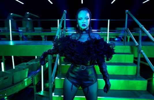 This image released by Savage X Fenty shows designer Rihanna on the set of The Savage X Fenty Show Vol. 2 Presented by Amazon Prime Video in Los Angeles. The lingerie fashion show, with musical performances, dancers and models, will drop Friday exclusively on Amazon Prime Video in more than 240 countries and territories. Its the lines second turn on the streaming platform. (Dennis Leupold/Savage X Fenty via AP)