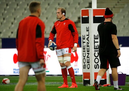 Alun-Wyn Jones, captain of Wales, stands on the pitch before the rugby union international match between France and Wales at the Stade de France in Saint-Denis, near Paris, France, Saturday, Oct. 24, 2020. (AP Photo/Lewis Joly)