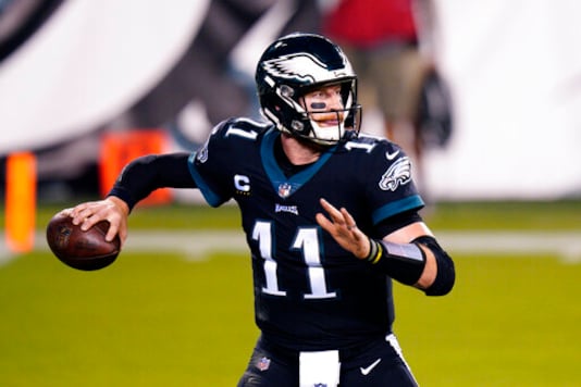 Philadelphia Eagles' Carson Wentz passes during the first half of an NFL football game against the New York Giants, Thursday, Oct. 22, 2020, in Philadelphia. (AP Photo/Chris Szagola) Philadelphia Eagles' Carson Wentz passes during the first half of an NFL football game against the New York Giants, Thursday, Oct. 22, 2020, in Philadelphia. (AP Photo/Chris Szagola)