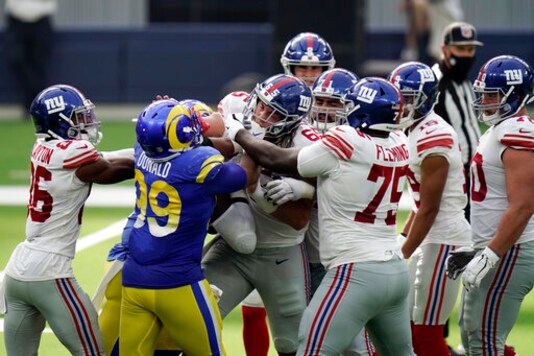 Members of the Los Angeles Rams and New York Giants get into a shoving match during the second half of an NFL football game Sunday, Oct. 4, 2020, in Inglewood, Calif. (AP Photo/Jae C. Hong) Members of the Los Angeles Rams and New York Giants get into a shoving match during the second half of an NFL football game Sunday, Oct. 4, 2020, in Inglewood, Calif. (AP Photo/Jae C. Hong)