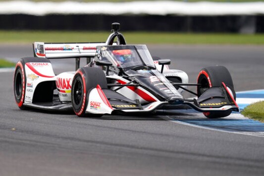 Rinus VeeKay, of the Netherlands, drives into an turn during a IndyCar auto race at Indianapolis Motor Speedway, Friday, Oct. 2, 2020, in Indianapolis. (AP Photo/Darron Cummings)