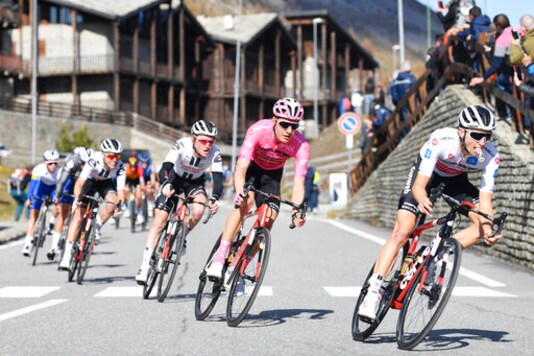 Overall leader Wilco Kelderman, wearing the pink jersey, pedals through the village of Sestriere during the 20th stage of the Giro d'Italia cycling race from Alba to Sestriere, Italy, Saturday, Oct. 24, 2020. (Massimo Paolone/LaPresse via AP) Overall leader Wilco Kelderman, wearing the pink jersey, pedals through the village of Sestriere during the 20th stage of the Giro d'Italia cycling race from Alba to Sestriere, Italy, Saturday, Oct. 24, 2020. (Massimo Paolone/LaPresse via AP)