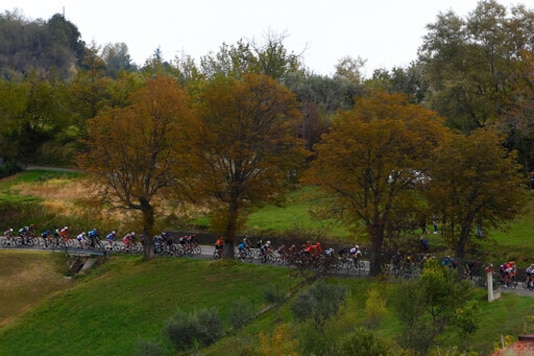 Cyclists ride during the ninth stage of the Giro d'Italia cycling race from San Salvo to Roccaraso, Italy, Sunday, Oct. 11, 2020. (Fabio Ferrari/LaPresse via AP)