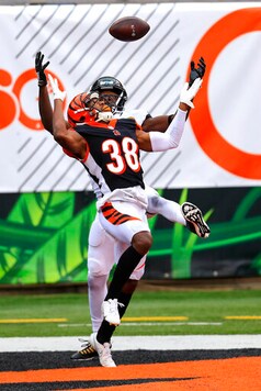 Cincinnati Bengals cornerback LeShaun Sims (38) breaks up a pass intended for Jacksonville Jaguars wide receiver Chris Conley (18) in the second half of an NFL football game in Cincinnati, Sunday, Oct. 4, 2020. (AP Photo/Aaron Doster)