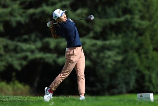 Hinako Shibuno, of Japan, watches her tee shot on the 11th hole during the final round of the LPGA Cambia Portland Classic golf tournament in Portland, Ore., Sunday, Sept. 20, 2020. (AP Photo/Steve Dipaola) Hinako Shibuno, of Japan, watches her tee shot on the 11th hole during the final round of the LPGA Cambia Portland Classic golf tournament in Portland, Ore., Sunday, Sept. 20, 2020. (AP Photo/Steve Dipaola)