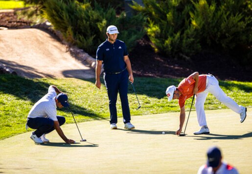 Jason Day, from left, Jon Rahm, and Andrew Landry prepare for putt shots at the 13th green during the third round of the CJ Cup golf tournament at Shadow Creek Golf Course, Saturday, Oct. 17, 2020, in North Las Vegas. (Chase Stevens/Las Vegas Review-Journal via AP) Jason Day, from left, Jon Rahm, and Andrew Landry prepare for putt shots at the 13th green during the third round of the CJ Cup golf tournament at Shadow Creek Golf Course, Saturday, Oct. 17, 2020, in North Las Vegas. (Chase Stevens/Las Vegas Review-Journal via AP)