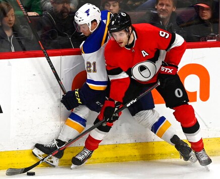 FILE - In this March 14, 2019, file photo, Ottawa Senators right wing Bobby Ryan (9) drives the puck along the boards with St. Louis Blues center Tyler Bozak (21) during second-period NHL hockey game action in Ottawa, Ontario. Ryan has been named the Bill Masterton Trophy winner for publicly sharing his battle with alcohol issues. The 33-year-old Ryan missed more than two months after entering the NHL/NHLPA players assistance program on Nov. 20, 2019. (Justin Tang/The Canadian Press via AP, File) FILE - In this March 14, 2019, file photo, Ottawa Senators right wing Bobby Ryan (9) drives the puck along the boards with St. Louis Blues center Tyler Bozak (21) during second-period NHL hockey game action in Ottawa, Ontario. Ryan has been named the Bill Masterton Trophy winner for publicly sharing his battle with alcohol issues. The 33-year-old Ryan missed more than two months after entering the NHL/NHLPA players assistance program on Nov. 20, 2019. (Justin Tang/The Canadian Press via AP, File)