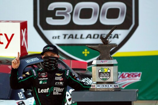 Justin Haley celebrates in Victory Lane after winning a NASCAR Xfinity Series auto race at Talladega Superspeedway, Saturday, Oct. 3, 2020, in Talladega, Ala. (AP Photo/John Bazemore) Justin Haley celebrates in Victory Lane after winning a NASCAR Xfinity Series auto race at Talladega Superspeedway, Saturday, Oct. 3, 2020, in Talladega, Ala. (AP Photo/John Bazemore)